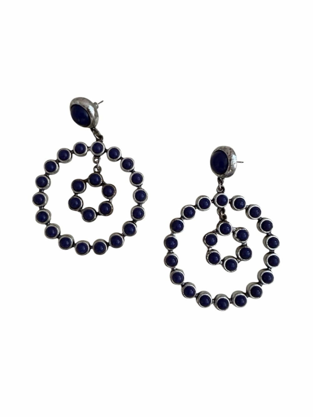 Silver Tone Navy Blue Bead Stone Double Hoop Drop Earrings Metal